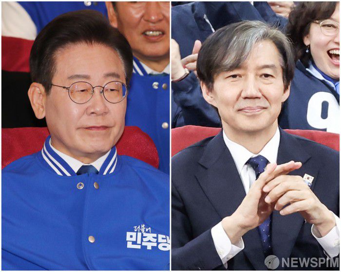 [서울=뉴스핌] 이형석 기자 = 이재명 더불어민주당 대표와 조국 조국혁신당 대표가 10일 서울 여의도 국회 의원회관에 마련된 개표 상황실에 자리하고 있다. 2024.04.10 leehs@newspim.com