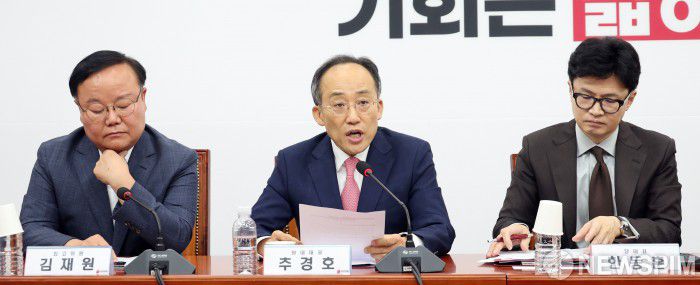 [서울=뉴스핌] 이형석 기자 = 추경호 국민의힘 원내대표가 9일 오전 서울 여의도 국회에서 열린 최고위원회의에서 모두발언을 하고 있다. 2024.09.09 leehs@newspim.com