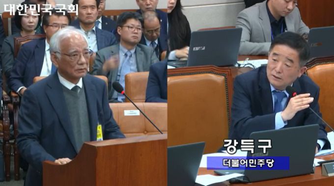 24일 국회 환경노동위원회의 환경부 종합감사에서 장형진 영풍 고문(왼쪽)이 더불어민주당 강득구 의원(오른쪽) 질의를 듣고 있다. [캡처=국회 인터넷의사중계시스템] 2024.10.24 sheep@newspim.com