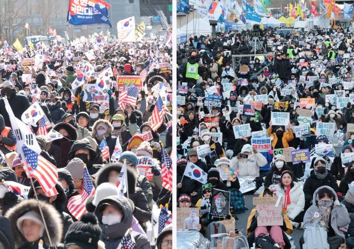 [서울=뉴스핌] 이길동 기자 =  8일 오후 서울 종로구 동화면세점 일대에서 대한민국 바로 세우기 운동본부와 자유 통일당 등 보수단체 주최로 열린 윤석열 대통령 탄핵 반대 집회에서 참가자들이 추위에도 손피켓과 태극기, 성조기를 흔들며 탄핵 반대 구호를 외치고 있다(왼쪽) /서울 종로구 경복궁 인근에서 열린 윤석열 즉각퇴진 사회대개혁 비상행동 주최 제10차 범시민대행진에서 맹추위에도 참가자들이 윤 대통령의 파면을 촉구하며 구호를 외치고 있다.2025.0208 gdlee@newspim.com