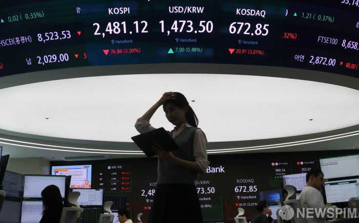 [서울=뉴스핌] 양윤모 기자 = 주식 공매도가 17개월 만에 재개된 31일 오후 코스피 지수가 전 거래일 종가보다 76.86포인트(3.00%) 내린 2,481.12로, 코스닥 지수는 20.91포인트(3.01%) 내린 672.85로 거래를 마감했다. 서울 외환시장에서 원/달러 환율은 전 거래일보다 7.00원 오른 1,473.50원에 거래되는 가운데, 서울 중구 하나은행 딜링룸에서 직원들이 업무를 보고 있다. 2025.03.31 yym58@newspim.com