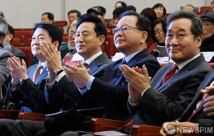 [서울=뉴스핌] 윤창빈 기자 = 안철수 국민의힘 의원(왼쪽부터), 오세훈 서울시장, 김부겸-이낙연 전 국무총리. 2025.03.06 pangbin@newspim.com