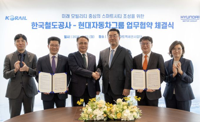 (왼쪽부터) 한국철도공사 스마트역세권사업단 강정철 단장, 신성장사업본부 김기태 본부장, 정정래 부사장, 현대자동차그룹 GSO 김흥수 부사장, 스마트시티추진실 이재용 상무, AVP본부 모빌리티사업실 김수영 상무 [사진=현대차그룹]