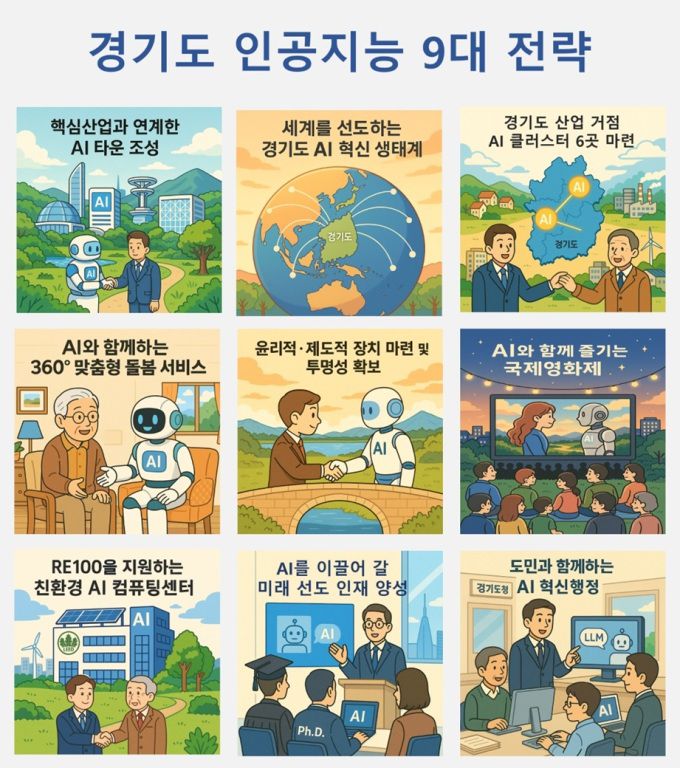 경기도가 인공지능(AI) 기술을 활용해 미래 산업 경쟁력을 확보하고 도민 삶의 질을 높이기 위해 23일 'AI 비전 및 9대 전략'을 발표하고, 이를 실질적으로 뒷받침하는 2025년 주요 사업 52개를 추진한다. [사진=경기도]