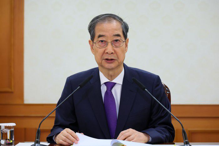 [서울=뉴스핌] 한덕수 대통령 권한대행 국무총리가 1일 오전 정부서울청사에서 안보관계장관회의를 주재하며 모두발언을 하고 있다. [사진=총리실] 2025.05.01 photo@newspim.com