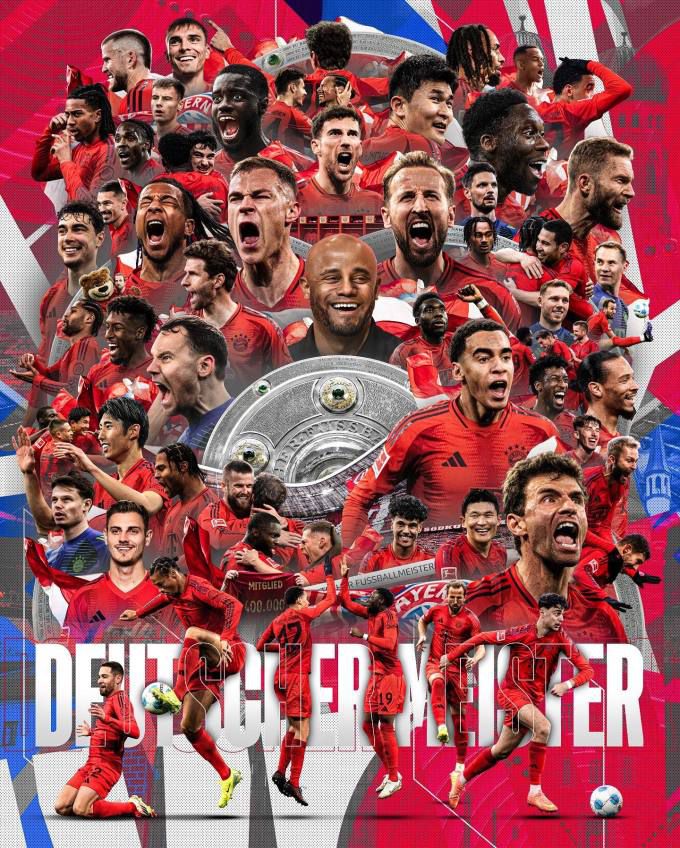 [서울=뉴스핌] 장환수 스포츠전문기자= 독일프로축구 분데스리가 2년만의 정상 탈환을 기념해 만든 바이에른 뮌헨의 그래픽. 김민재의 모습도 보인다. [사진=바이에른 뮌헨] 2025.05.05 zangpabo@newspim.com