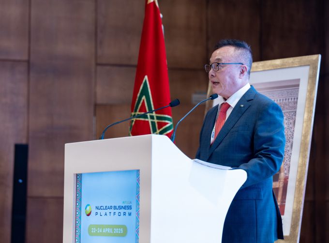23일(현지시간) 황주호 한국수력원자력 사장이 아프리카 모로코 라바트에서 열린 'AFNBP 2025'에서 기조연설을 하고 있다. [사진=한수원] 2025.04.24 rang@newspim.com
