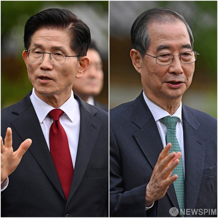 [서울=뉴스핌] 최지환 기자 = 김문수 국민의힘 대선후보(좌), 한덕수 무소속 대선 예비후보가 8일 오후 서울 여의도 국회 사랑재에서 단일화 관련 회동을 마치고 언론 브리핑을 하고 있다. 2025.05.08 choipix16@newspim.com
