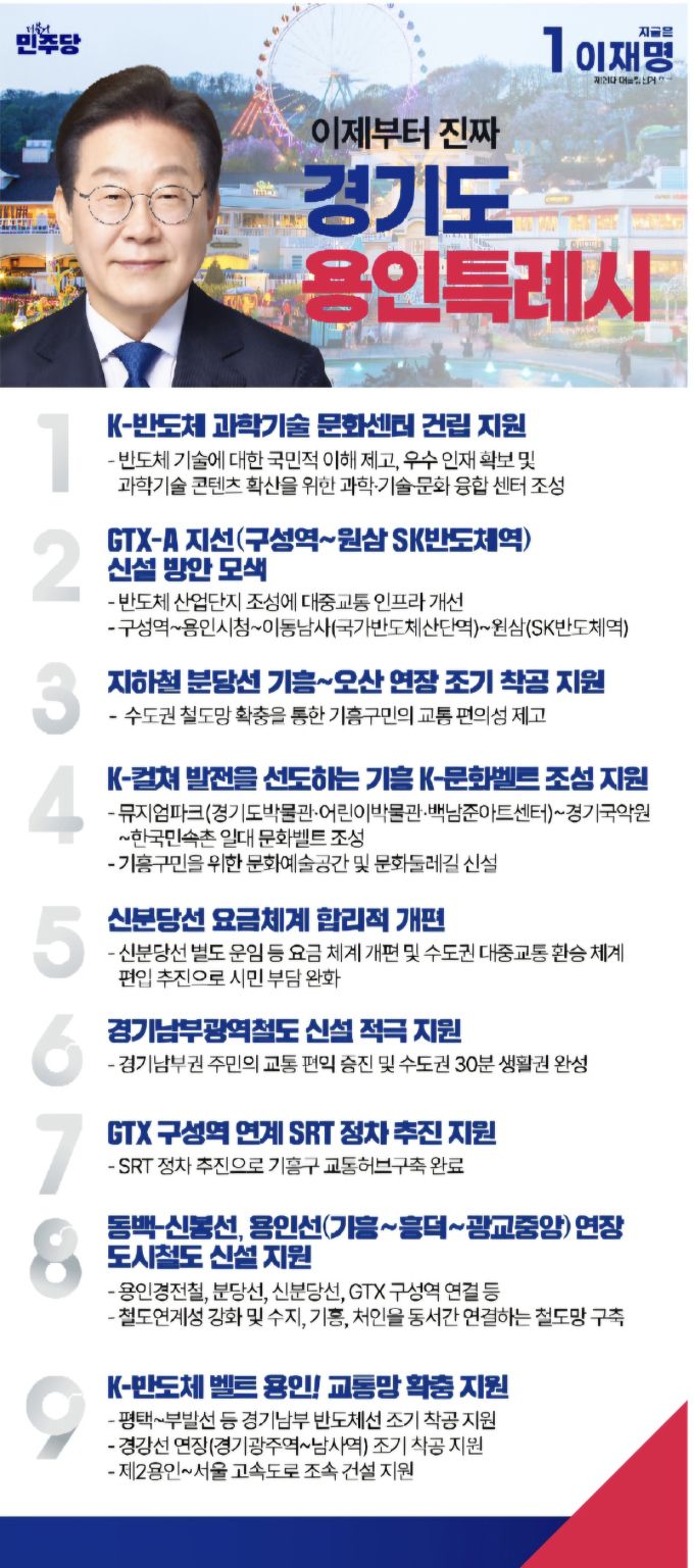 이재명 더불어민주당 대선 후보가 용인시 9대 공약을 내놨다. [사진=더불어민주당]