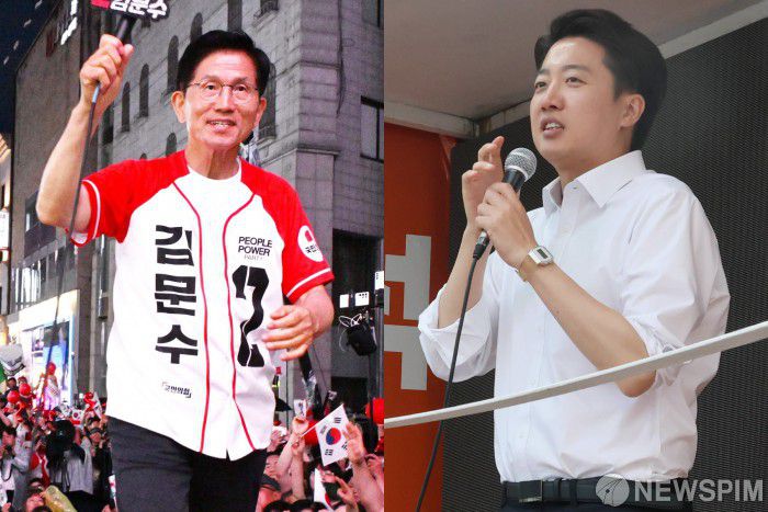 [서울=뉴스핌] 대선취재팀 = 김문수 국민의힘(왼쪽)·이준석 개혁신당 대선 후보가 28일 오후 경북 경산시 경산공설시장과 서울 여의도공원에서 열린 유세현장에서 지지를 호소하고 있다. 2025.05.28 photo@newspim.com