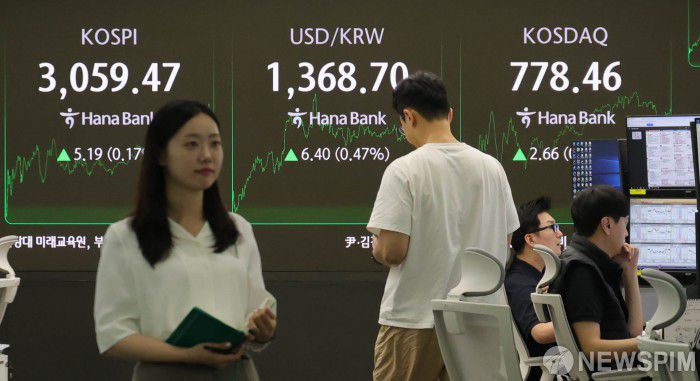[서울=뉴스핌] 양윤모 기자 = 7일 오후 코스피가 전장 종가보다 5.19 포인트(0.17%) 상승하며 3,059.47로, 코스닥은 2.66포인트(0.34%) 상승한 778.46으로 마감한 가운데, 서울 중구 하나은행 딜링룸에서 직원들이 업무를 보고 있다.  서울외환시장에서 원·달러 환율은 전장 대비 6.40원 상승한 1,368.70원에 거래를 마감했다. 2025.07.07 yym58@newspim.com