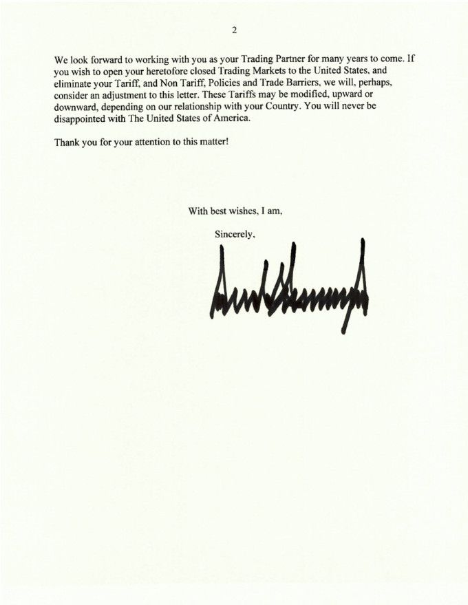 트럼프 대통령이 자신의 소셜미디어 '트루스소셜'에서 공개한 우리나라에 보낸 서한 [자료=트럼프 대통령 트루스소셜 계정]