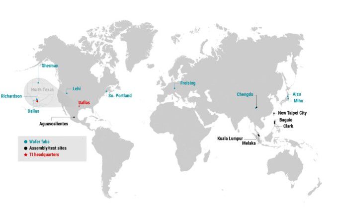 TI의 댈러스 본사, 웨이퍼 팹, 조립/테스트 시설 위치 [자료 = 텍사스 인스트루먼트]