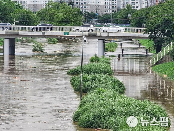 [광명=뉴스핌] 박승봉 기자 = 17일 오전 경기 광명시 광명동 소재 국가하천 목감천이 밤새 내린 폭우에 CCTV와 산책로 그리고 운동기구가 물에 잠겼다. 이날 누적 강수량은 66.5mm를 기록했다. 2025.07.17 1141world@newspim.com