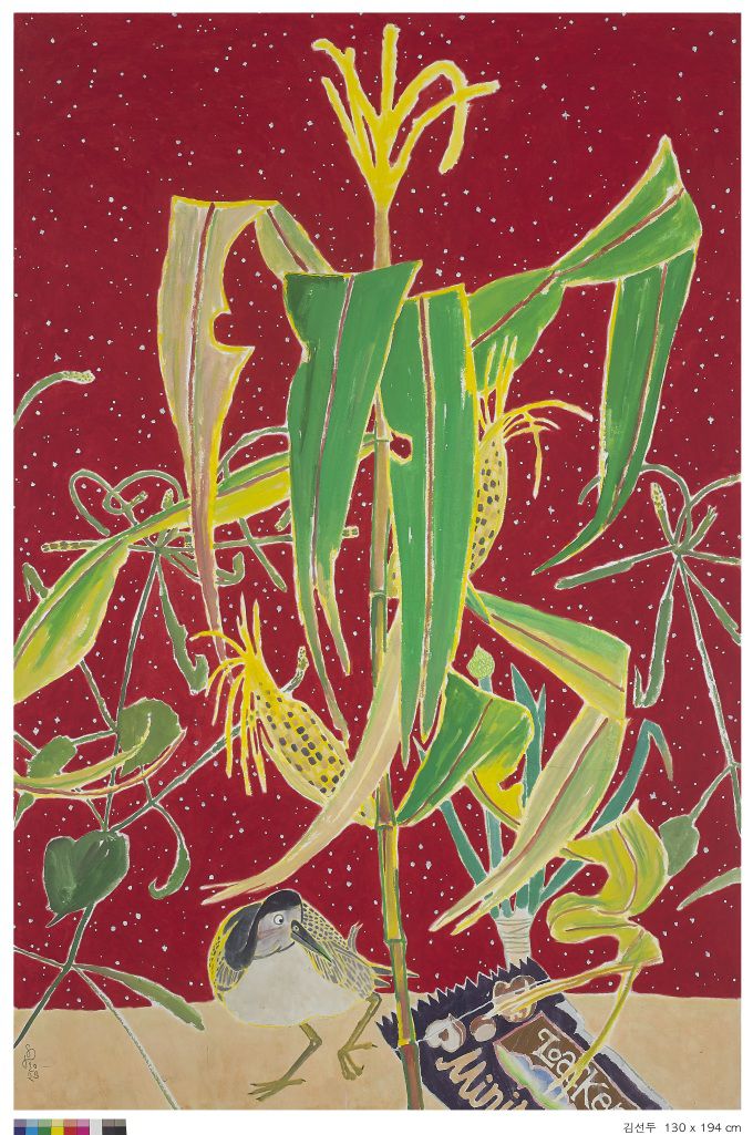 [서울=뉴스핌]이영란 편집위원/미술전문기자= 김선두 '낯별-뜸부기'. 2023. 장지에 분채. 194x130cm 2025.07.27 art29@newspim.com