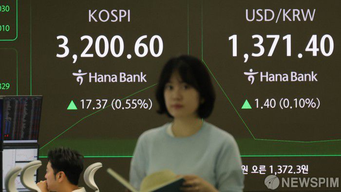 [서울=뉴스핌] 양윤모 기자 = 국내 증시 전체 시가총액이 사상 처음으로 3천조 원을 넘어선 가운데, 11일 오전 코스피가 전장 종가보다17.37포인트(0.55%) 상승하며 3200.60으로, 코스닥은 3.09포인트(0.39%) 상승한 800.79로 시작한 가운데, 서울 중구 하나은행 딜링룸에서 직원들이 업무를 보고 있다.  서울외환시장에서 원·달러 환율은 전장 대비 1.50원 상승한 1371.50원에 거래를 시작했다. 2025.07.11 yym58@newspim.com