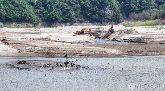 [강릉=뉴스핌] 최지환 기자 = 강릉에 극심한 가뭄이 계속되는 29일 강원 강릉시 오봉저수지에서 포크래인이 상류의 물을 활용하기 위해 물길을 내고 있다. 강릉의 주 상수원인 오봉저수지의 저수율은 29일 기준 15.7%까지 떨어지며 역대 최저치를 갱신하고 있다. 2025.08.29 choipix16@newspim.com