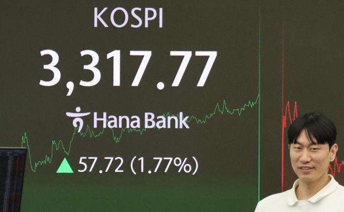 [서울=뉴스핌] 양윤모 기자 = 주식 양도세 대주주 기준 완화 기대감에 10일 오후 코스피가 전장 종가보다 57.72 포인트(1.77%) 상승하며 3317.77로, 코스닥은 7.08 포인트(0.86%) 상승한 831.90으로 거래되고 있는 가운데, 서울 중구 하나은행 딜링룸에서 직원들이 업무를 보고 있다.  서울외환시장에서 원·달러 환율은 전장 대비 1.30원 하락한 1386.60원에 거래를 하고 있다. 2025.09.10  yym58@newspim.com