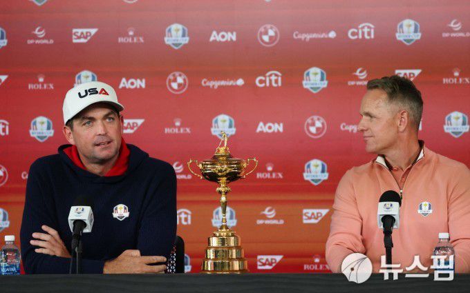 [뉴욕 로이터=뉴스핌] 박상욱 기자= 미국팀 단장 키건 브래들리(왼쪽)와 루크 도널드가 23일(한국시간) 공식 기자회견에서 취재진 질문에 답하고 있다. 2025.9.23 psoq1337@newspim.com