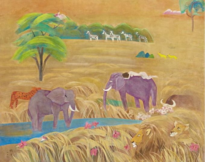 [서울=뉴스핌]이영란 미술전문기자=천경자, '초원 Ⅱ', 1978, 종이에 채색, 104x129cm, 개인소장. 국내 미술품 경매에서 여성화가의 작품으로는 최고가인 20억원에 낙찰돼 큰 화제를 모은 작품이다.  2025.09.25 art29@newspim.com