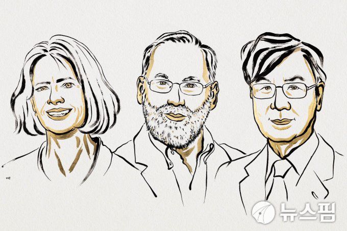2025년 노벨 생리의학상을 수상한 매리 브랑코와 프레드 람스델, 사카구치 시몬(왼쪽부터)의 캐리커처. [자료=노벨위원회] 2025.10.06. ihjang67@newspim.com