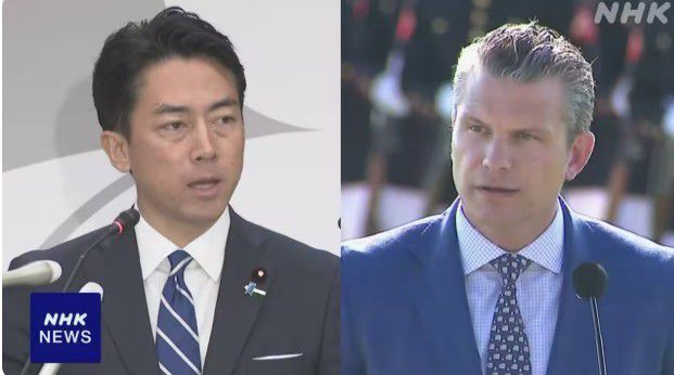 고이즈미 신지로 일본 방위상(왼쪽)과 피트 헤그세스 미국 국방장관 [사진=NHK]