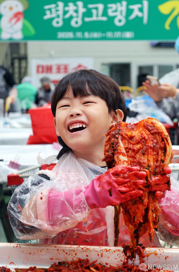 [서울=뉴스핌] 양윤모 기자 = 14일 강원 평창군 진부면민체육공원에서 개막한 '제8회 평창고랭지김장축제'를 부모와 함께 찾은 어린이가 김장체험을 하고 있다. 평창산 고랭지 배추를 비롯해 모든 식재료를 국내산으로 사용하는 평창고랭지김장축제는16일까지 진행한다. [사진=평창군청] 2025.11.14  yym58@newspim.com