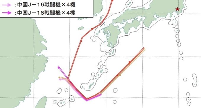 중국과 러시아 폭격기 이동 경로. 붉은색 별이 도쿄 위치. [통합막료감부 보도자료]. [사진=공군 제공] 2025.12.13 gomsi@newspim.com