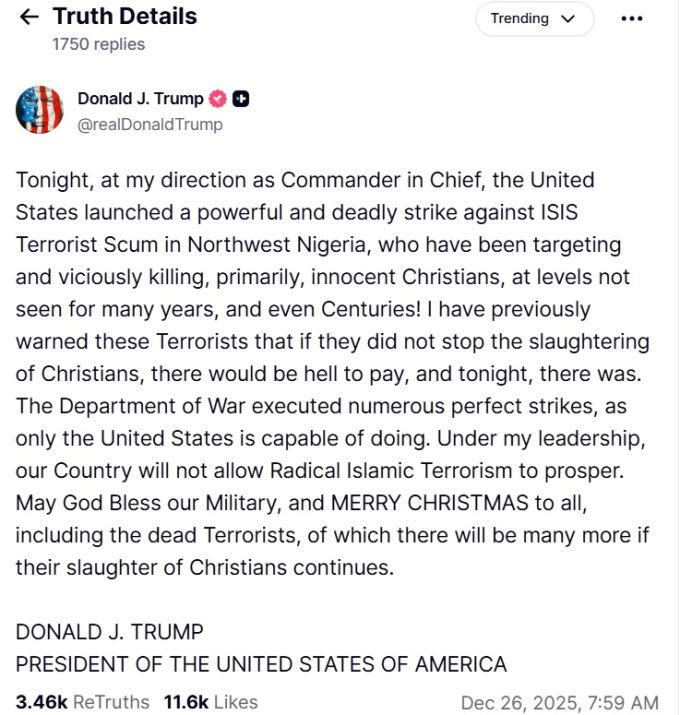 도널드 트럼프 대통령이 자신의 트루스소셜 계정에 올린 글 [사진=트루스소셜]