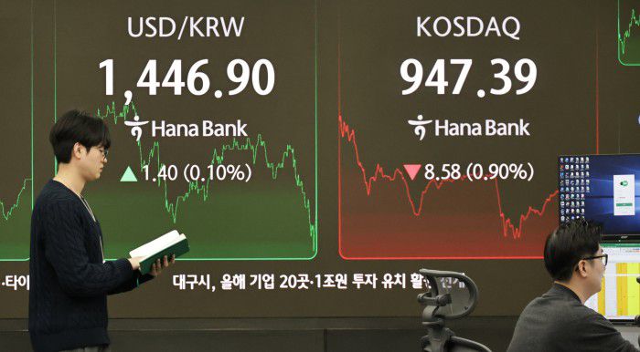 [서울=뉴스핌] 양윤모 기자 = 7일 오후 코스피가 전장 종가보다 25.58 포인트(0.57%) 상승하며 4551.06으로, 코스닥은 8.58 포인트(0.90%) 하락한 947.39로 장을 마감한 가운데, 서울 중구 하나은행 딜링룸에서 직원들이 업무를 보고 있다.  서울외환시장에서 달러/원 환율은 전장 대비 1.40원 상승한 1446.90원에 주간거래를 마감했다. 2026.01.07 yym58@newspim.com