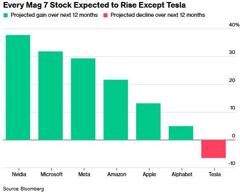 M7 각 종목에 대한 애널리스트 목표가(12개월) 컨센서스 기반 예상 주가 등락률 [자료=블룸버그통신]