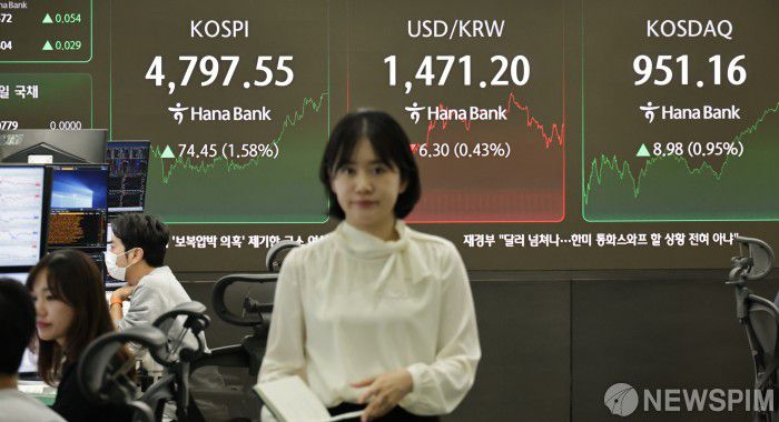 [서울=뉴스핌] 양윤모 기자 = 15일 오후 코스피가 전장 종가보다 74.45 포인트(1.58%) 상승하며 4797.55로, 코스닥은 8.98 포인트(0.95%) 상승한 951.16으로 장을 마감한 가운데, 서울 중구 하나은행본점 딜링룸에서 직원들이 업무를 보고 있다.  서울외환시장에서 달러/원 환율은 전장 대비 6.30원 하락한 1471.20원에 주간거래를 마감했다. 2026.01.15 yym58@newspim.com