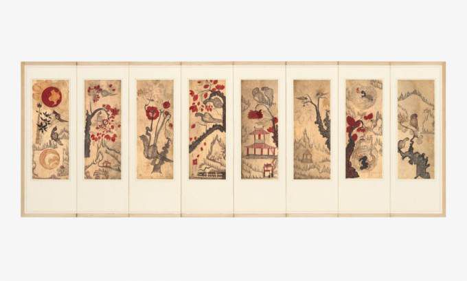 [서울=뉴스핌]이영란 미술전문기자=갤러리현대 본관서 개막한 '장엄과 창의: 한국 민화의 변주'전에 출품된 '화조산수도'. 그림 속에 달리는 기차가 그려져 일제강점기 때 제작된 것으로 추정된다. [사진=갤러리현대]   2026.01.15 art29@newspim.com