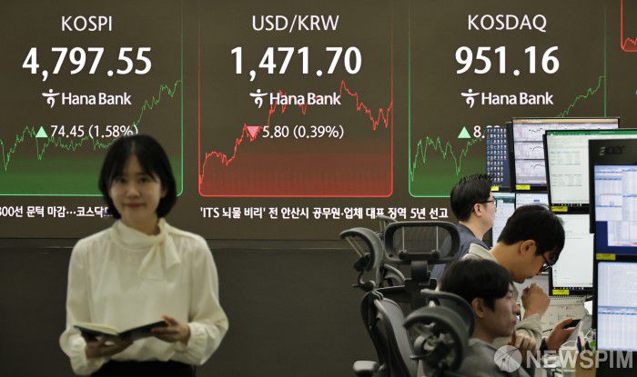 [서울=뉴스핌] 양윤모 기자 = 15일 오후 코스피가 전장 종가보다 74.45 포인트(1.58%) 상승하며 4797.55로, 코스닥은 8.98 포인트(0.95%) 상승한 951.16으로 장을 마감한 가운데, 서울 중구 하나은행본점 딜링룸에서 직원들이 업무를 보고 있다.  서울외환시장에서 달러/원 환율은 전장 대비 5.80원 하락한 1471.70원에 주간거래를 마감했다. 2026.01.15 yym58@newspim.com
