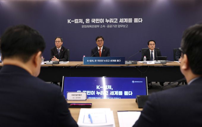 최휘영 문화체육관광부 장관이 16일 서울 종로구 국립현대미술관 서울관 대회의실에서 열린 문체부 소속·공공기관 3차 업무보고에서 발언을 하고 있다. [사진=문체부]