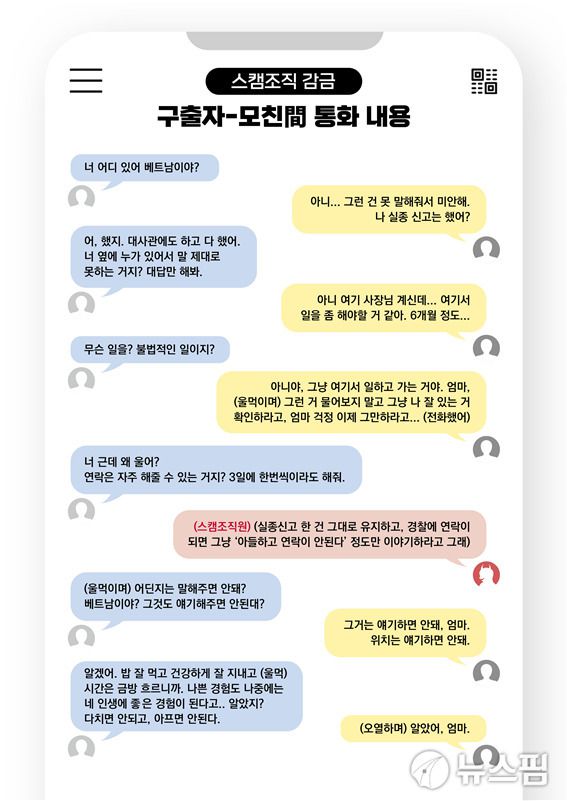 [서울=뉴스핌] 이영종 통일전문기자 = 고수익 해외 취업 사기에 휘말려 범죄조직에 끌려다닌 A씨가 한국의 어머니와 나눈 대화. [사진=국가정보원] 2026.01.20 yjlee@newspim.com