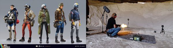 (왼쪽부터)'카세트 퓨처리즘' 콘셉트, 실제 총기로 녹음 중인 개발진 [사진=넥슨]