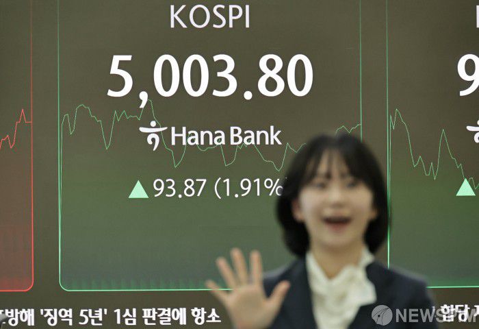 [서울=뉴스핌] 양윤모 기자 = 22일 오전 코스피가  5000 을 돌파하자 서울 중구 하나은행본점 딜링룸에서 직원이 손가락 다섯개를 펼쳐 보이고 있다.  한편 이재명 대통령은 더불어민주당 '코스피 5,000 특별위원회' 소속 위원들을 청와대로 초청해 오찬을 함께한다. 2026.01.22 yym58@newspim.com