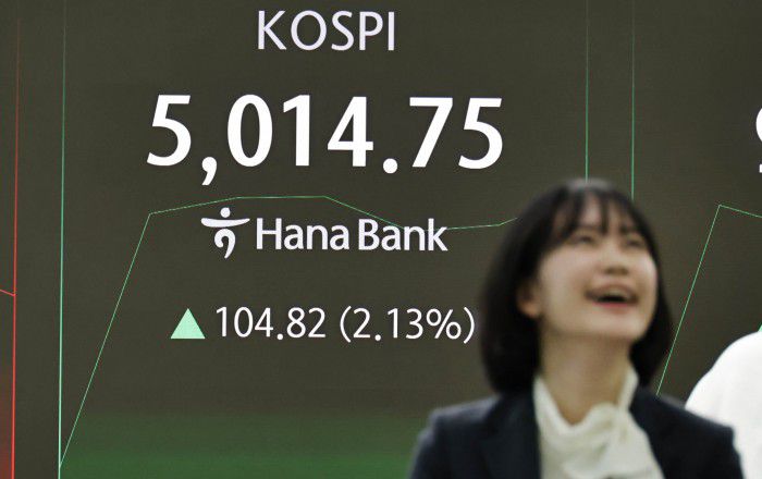 [서울=뉴스핌] 양윤모 기자 = 22일 오전 코스피가 전장 종가보다 104.82 포인트(2.13%) 상승하며 5014.75로, 코스닥은 11.79 포인트(1.24%) 상승한 963.08로 장을 시작한 가운데, 서울 중구 하나은행본점 딜링룸에서 직원이 환호하고 있다.  서울외환시장에서 달러/원 환율은 전장 대비 4.00원 하락한 1467.30원에 주간거래를 시작했다. 2026.01.22 yym58@newspim.com