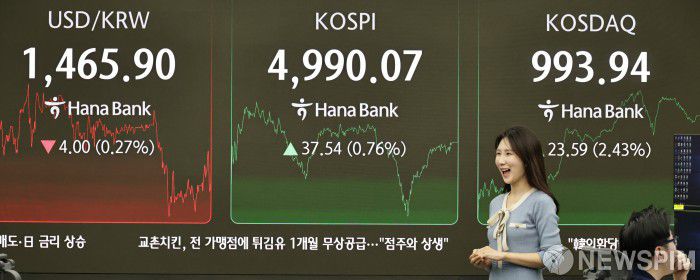 [서울=뉴스핌] 양윤모 기자 = 23일 오후 코스피가 전장 종가보다 37.54 포인트(0.76%) 상승하며 4990.07로, 코스닥은 23.59 포인트(2.43%) 상승한 993.94로 장을 마감한 가운데, 서울 중구 하나은행본점 딜링룸에서 직원들이 업무를 보고 있다.  서울외환시장에서 달러/원 환율은 전장 대비 4.00원 하락한 1465.90원에 주간거래를 마감했다.  2026.01.23 yym58@newspim.com