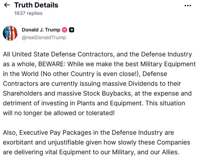 도널드 트럼프 대통령의 소셜 미디어 게시물 [자료=트루스]