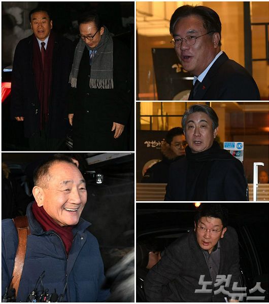 지난 2017년 12월 18일 오후 서울의 한 음식점에서 열린 친이명박계 송년 모임에 주요 인사들이 참석하고 있다. 시계방향 순으로 이명박 전 대통령, 이재오 전 의원, 정진석 의원, 이동관 前 홍보수석, 권성동 의원, 김효재 전 정무수석.(사진=이한형 기자/자료사진)