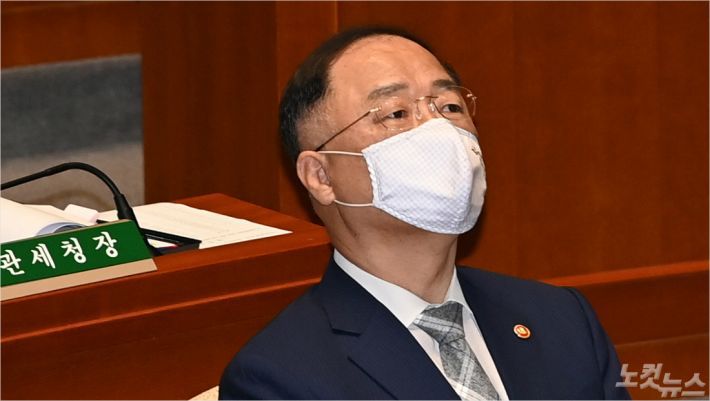 24일 오전 국회에서 열린 예산결산특별위원회 전체회의 홍남기 경제부총리 겸 기획재정부 장관이 의원 질문에 답변하고 있다. 윤창원기자