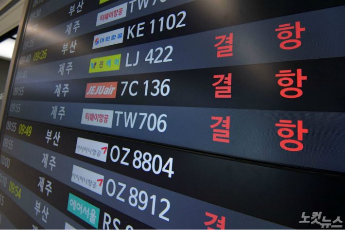 강한 바람을 동반한 제8호 태풍 '바비'의 북상으로 제주공항의 항공기가 모두 결항된 26일 오전 김포공항 국내선 청사 정관판에 결항 항공편이 안내되고 있다.(사진=박종민 기자)