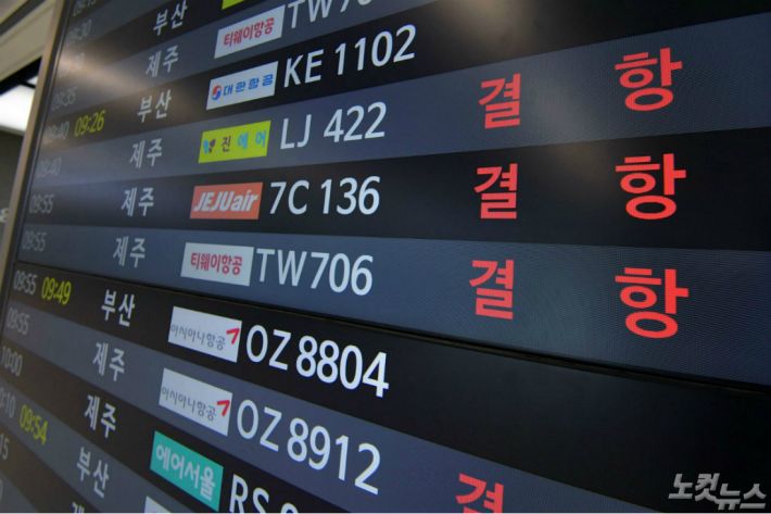 강한 바람을 동반한 제8호 태풍 '바비'의 북상으로 제주공항의 항공기가 모두 결항된 26일 오전 김포공항 국내선 청사 정관판에 결항 항공편이 안내되고 있다.(사진=박종민 기자)