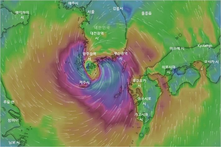 기상앱 '윈디'가 예측한 제9호 태풍 '마이삭'의 한반도 상륙 모습(사진=윈디 홈페이지 캡처)