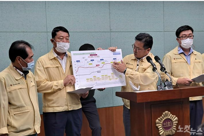 전북도의회 문건위(위원장 이정린)가 27일 댐하류 수해조사 활동 결과를 발표하고 있다.(사진=김용완 기자)