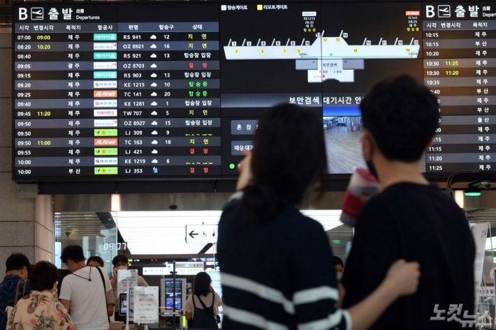 제8호 태풍 ‘바비’ 의 영향으로 27일 오전 김포공항 국내선 출발 전광판에 항공기의 지연 및 결항이 안내되고 있다.(사진=황진환 기자)