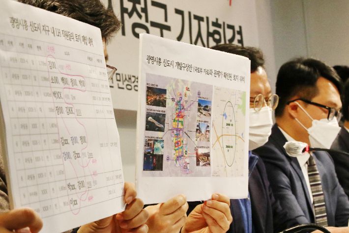 지난 2일 오전 서울 종로구 참여연대에서 열린 '한국토지주택공사 직원들의 광명·시흥 신도시 사전투기의혹 공익감사청구' 기자회견에서 민변·참여연대 관계자들이 땅투기 의혹을 받는 LH공사 직원의 명단과 토지 위치를 공개하고 있다. 연합뉴스