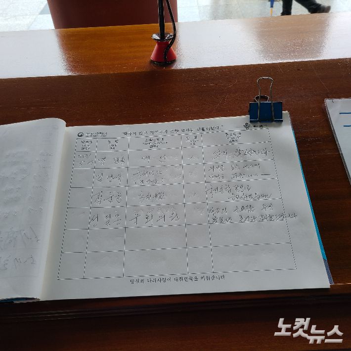 17일 광주 북구 국립 5·18민주묘지를 찾은 정운천·성일종 국민의힘 의원이 방명록에 추모의 글을 남겼다. 김한영 기자